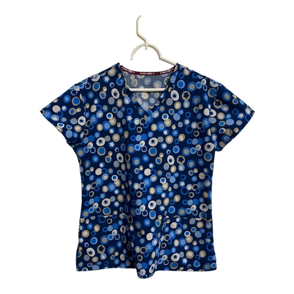 Scrub Top Divine Stretch Size Small Blue Print Front Pockets V Neck